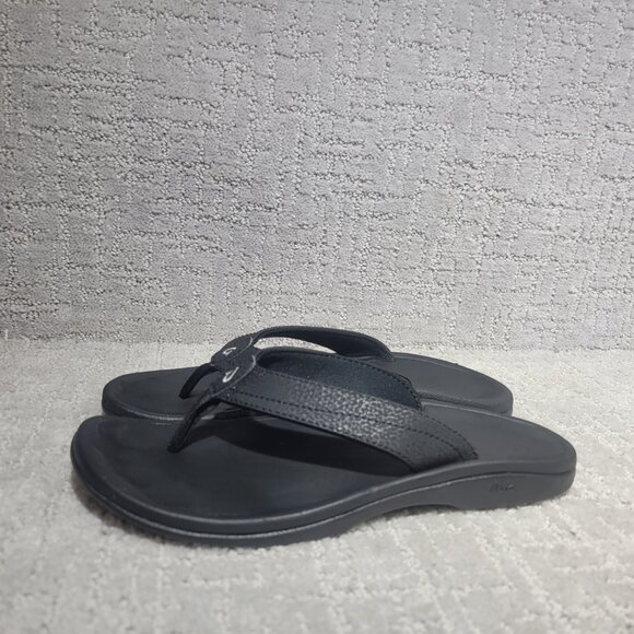 Olukai Ohana Women's Size US 8 Black Leather Slip On Flat Flip Flop Sandals - Picture 6 of 9